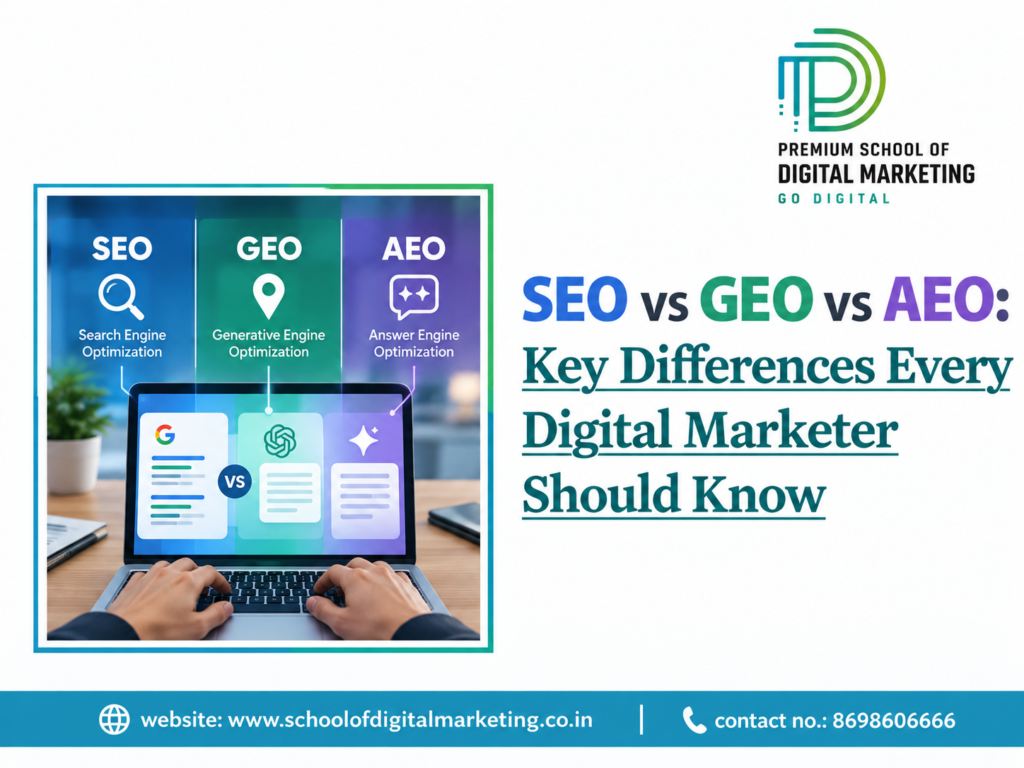 Infographic comparing SEO, AEO and GEO in digital marketing